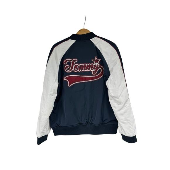 Tommy Hilfiger Navy Blue Burgundy Spellout Bomber Style Jacket Womens Large - Picture 1 of 8